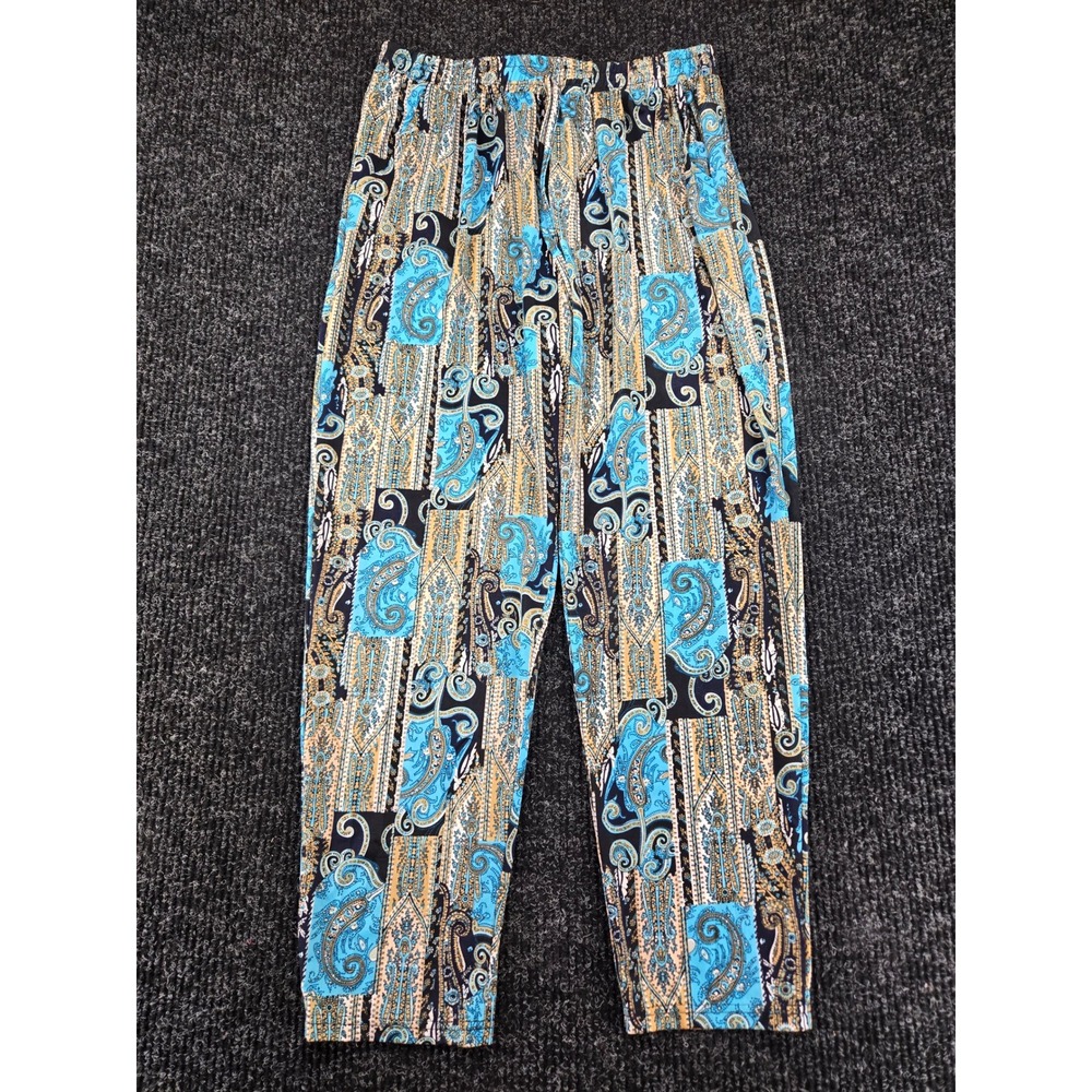 Rebekah Womens XL Paisley Print Elastic Waist Tapered Boho Pants Blue Tan Black